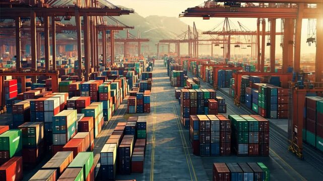 A large warehouse with many containers stacked up