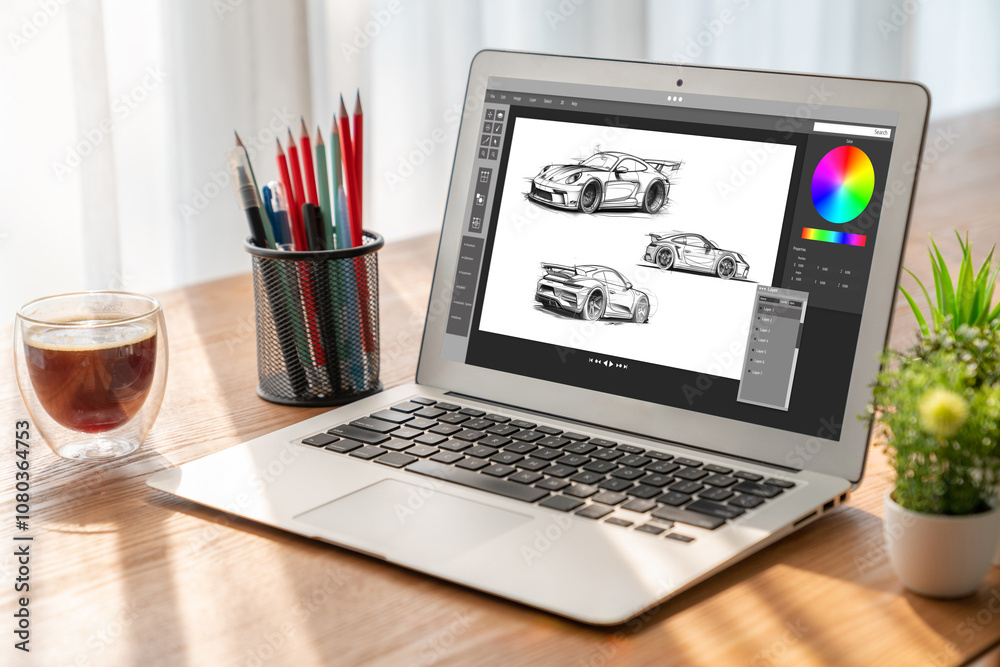 Poster electric car design software on computer screen showing simulation blueprint snugly by digital calcu