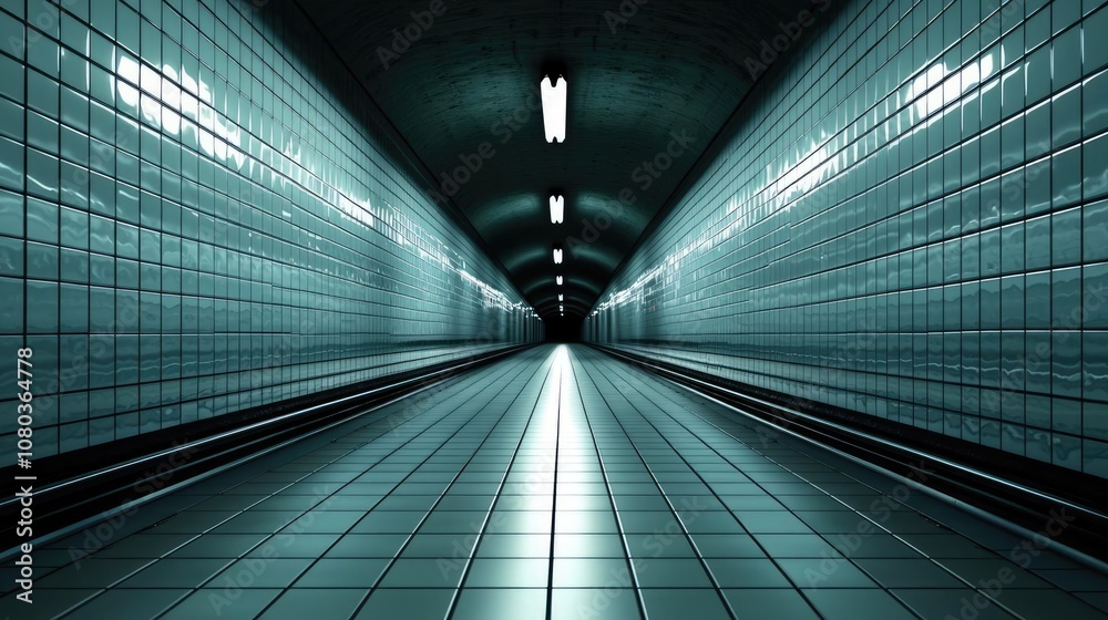 Poster empty subway tunnel with glossy tiles and fluorescent lights, dark at the far end.