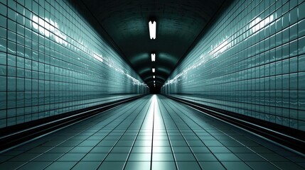 Obraz premium Empty subway tunnel with glossy tiles and fluorescent lights, dark at the far end.