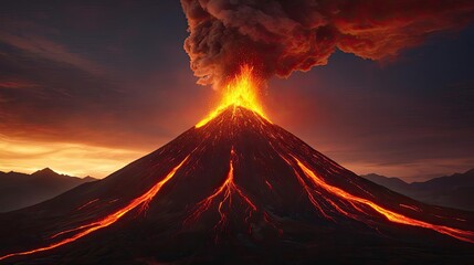 Majestic volcanic eruption with flowing lava and billowing smoke during sunset.