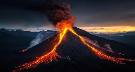 Erupting volcano with flowing lava and dark clouds at sunset.