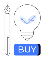 Fountain pen, bulb with plant growing, blue BUY button. Ideal for eco-friendly products, sustainable shopping, green energy campaigns, innovation, product marketing, education, online shopping. Line