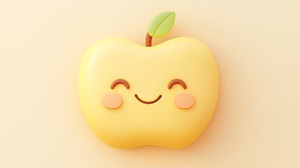 Cute and Cheerful Cartoon Yellow Apple Character with Smile and Leaf on a Soft Pale Background for Fun and Playful Illustrations or Designs