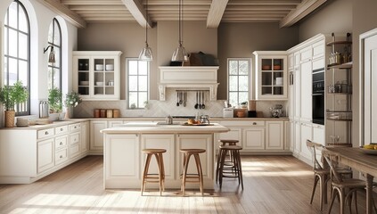 Modern Kitchen with White Cabinets, Island, and Barstools, Well-Lit by Pendant Lights