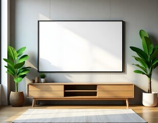 Fototapeta premium A modern living room with a large framed blank screen mounted on a concrete wall, surrounded by potted plants and a wooden media console