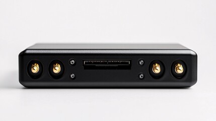 Obraz premium Intricate Close-Up of a Sleek Black Electronic Device with Gold Connectors and Ports on a Pristine White Backdrop