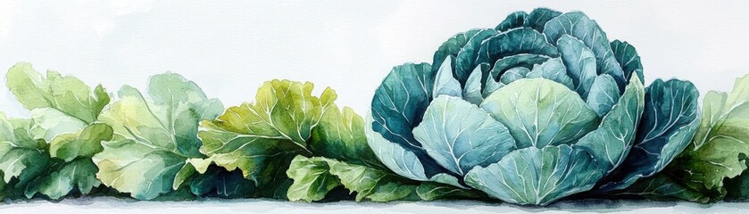Obraz premium Explore the beauty of a watercolor cabbage head illustration with vibrant green foliage