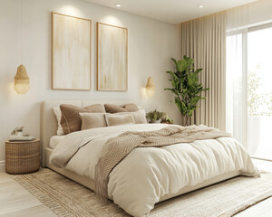 Fototapeta premium Minimalist Bedroom Setup with White Wall and Cozy Bedding for a Peaceful Ambiance