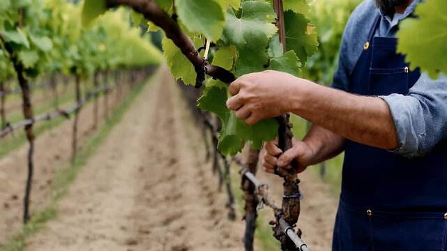 A man in a blue apron tends to a row of grapevines. The green leaves are lush and the vines are healthy.