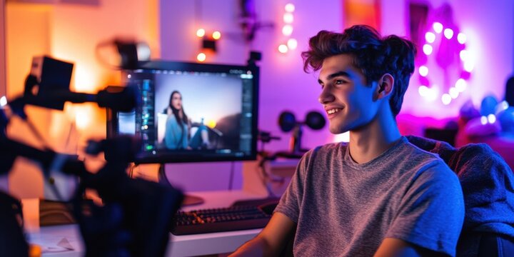 Generation Z teens creating content for social media platforms, in a vibrant, aesthetically designed home studio