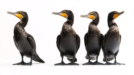 Fototapeta premium Four Cormorants in Majestic Harmony: A Captivating Wildlife Portrait on White