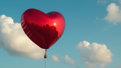 Fototapeta premium A balloon in the form of a red heart flying into the sky. The concept for the celebration of Valentine's Day.