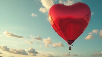 Obraz premium A balloon in the form of a red heart flying into the sky. The concept for the celebration of Valentine's Day.