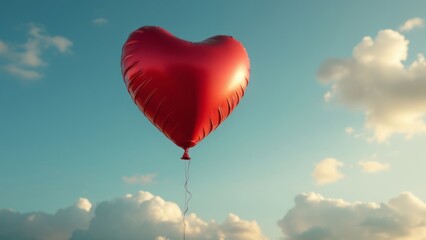 Obraz premium A balloon in the form of a red heart flying into the sky. The concept for the celebration of Valentine's Day.