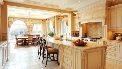 Modern Kitchen with White Cabinets, Island, and Barstools, Well-Lit by Pendant Lights
