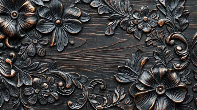 Intricate floral carvings adorn a dark wooden surface, creating a beautiful and elegant pattern