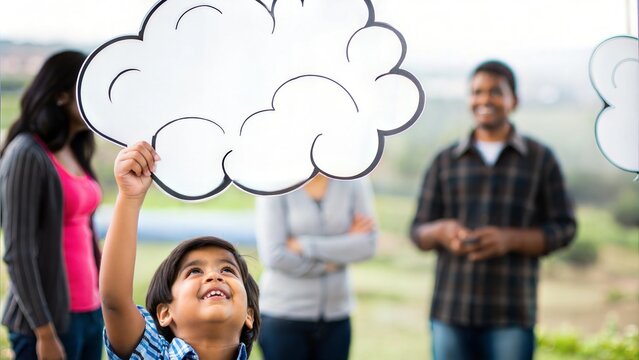 A young Indian child holding a conceptual cloud, symbolizing dreams and possibilities.

