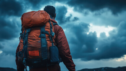 Adventurous Hiker with Orange Backpack Facing Stormy Sky