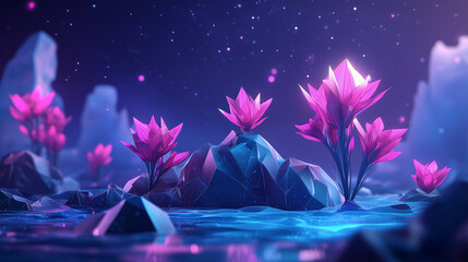 Magical Pink Crystal Flowers Growing On Rocky Hills Amid Celestial Sky