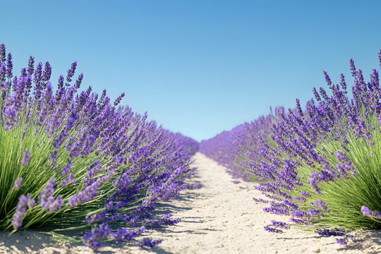 A scenic view of a lavender field with a clear blue sky. - Powered by Adobe