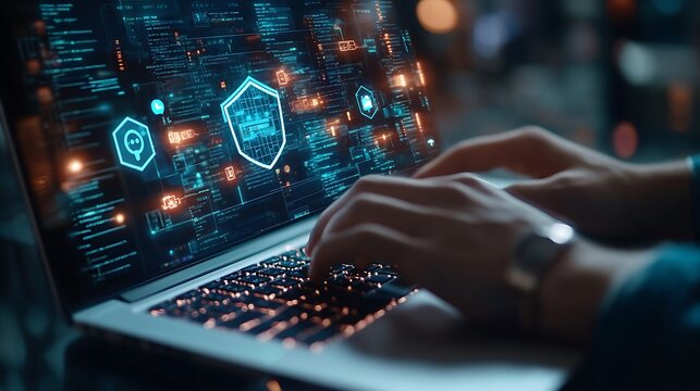 Doctor is typing on his laptop with medical icons