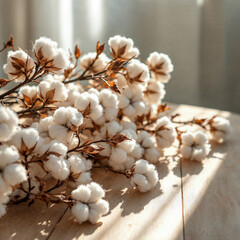 Concept photo of a cotton branches on wooden table with space for text