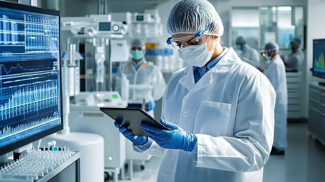 A laboratory scene featuring a scientist in a white coat and protective gear, using a tablet, surrounded by high-tech equipment and monitors displaying data.