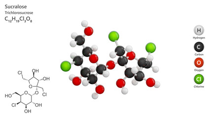 Molecule: Sucralose. E955 food additive. Sweetener. Molecular structure. Formula: C12H19Cl3O8. Chemical model: Ball and stick. White background. 3D illustration.
