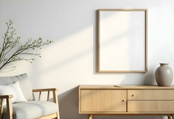 Fototapeta premium A minimalist living room with a wooden cabinet, a framed artwork on the wall, and a small wooden bench in the foreground
