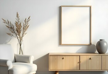 A minimalist living room with a wooden cabinet, a framed artwork on the wall, and a small wooden bench in the foreground