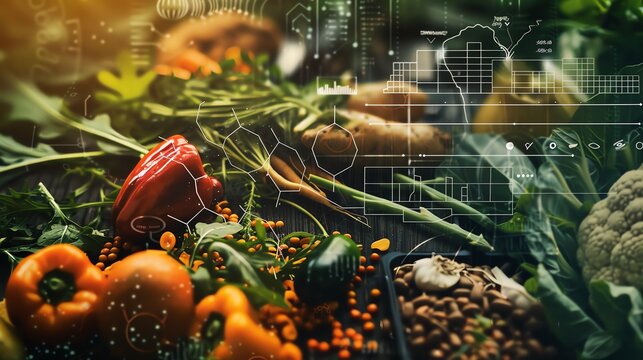 Fresh produce, including peppers, carrots, and cauliflower, with a digital overlay of diagrams and data. - Powered by Adobe