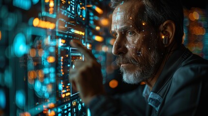 Experienced engineer analyzing data on futuristic touchscreen Technology, innovation concept.