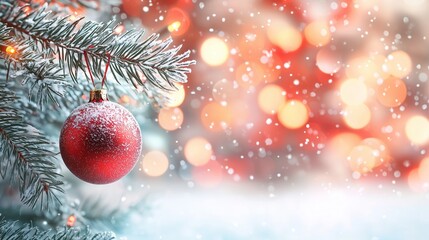 Festive Red Christmas Ornament on Snowy Christmas Tree Branch
