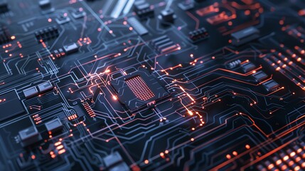 Obraz premium A close up of a circuit board with glowing orange lines and a black processor chip.
