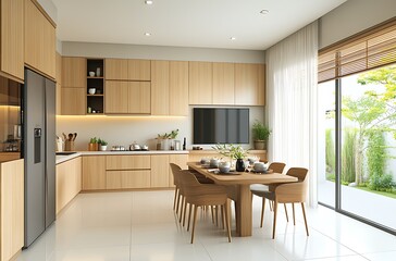 Fototapeta premium 3D Rendering of an Open Plan Dining Room with Warm Wooden Accents and Modern Design