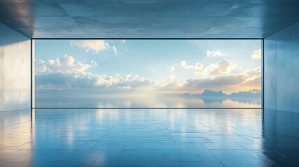 Fototapeta premium A serene view of a vast landscape through a modern architectural window.