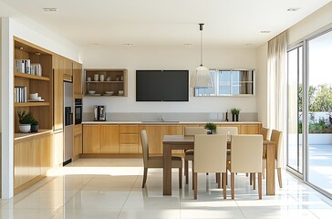 3D Rendering of an Open Plan Dining Room with Warm Wooden Accents and Modern Design