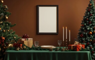 Obraz premium A Christmas tree is in the background of a room with a green tablecloth
