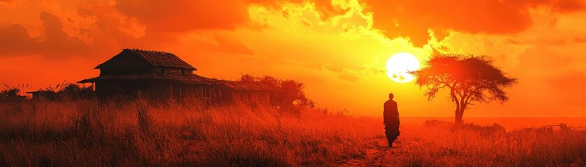 Explore the beauty of a maasai village silhouetted against an orange sunset
