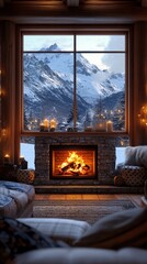 Cozy fireplace with snowy mountain view and soft bokeh effect