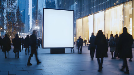 Blank Billboard Advertisement in City at Night with Blurred People Walking