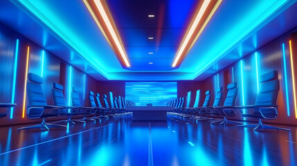 Futuristic Conference Room with Neon Lights and Modern Chairs, Abstract Background, 3D Render