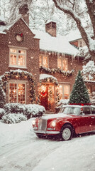 Vintage car of 60s with Christmas tree and gifts on roof parked in front of a decorated house in snow. Classic winter holiday scene.	