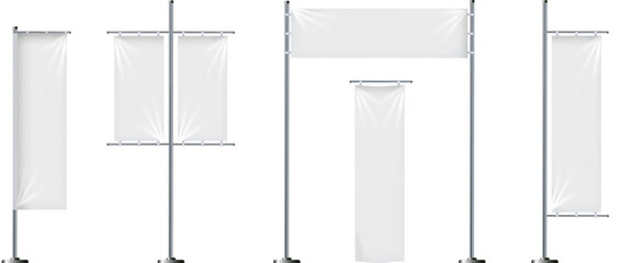 Vector set of blank, textile banners or flags in various shapes, for brand promotion, marketing, advertisement isolated on background. Outdoor, portable pole with cloth, mockup for your design.
