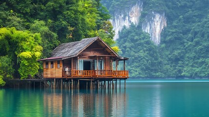 Fototapeta premium A serene wooden house on stilts surrounded by lush greenery and calm waters, reflecting nature's beauty.