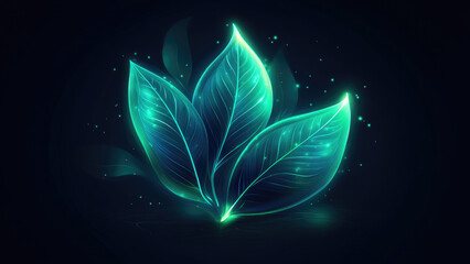 Glowing Neon Green Leaves with Sparkling Particles on Dark Background