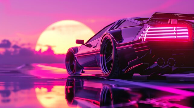 A futuristic car drives towards a large, glowing pink moon.