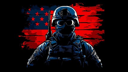 Powerful Illustration of a Soldier Against a Grunge American Flag Background Capturing Themes of Patriotism, Strength, and Resilience in Modern Military Context