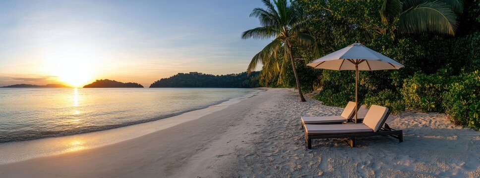 Serene Tropical Beach at Sunset with Loungers